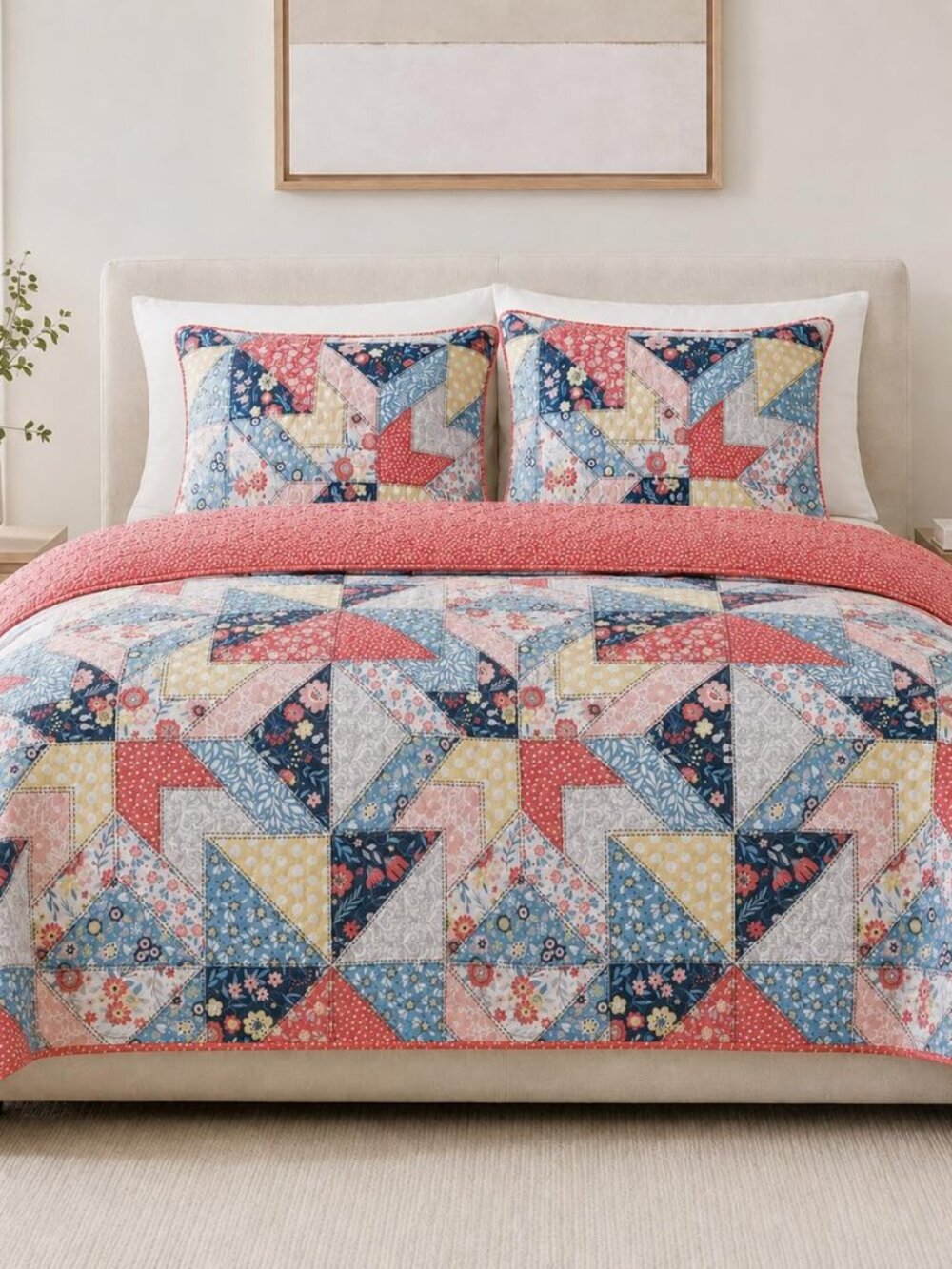 Colorful Boho Floral Patchwork Quilt Set, King with 2 Shams